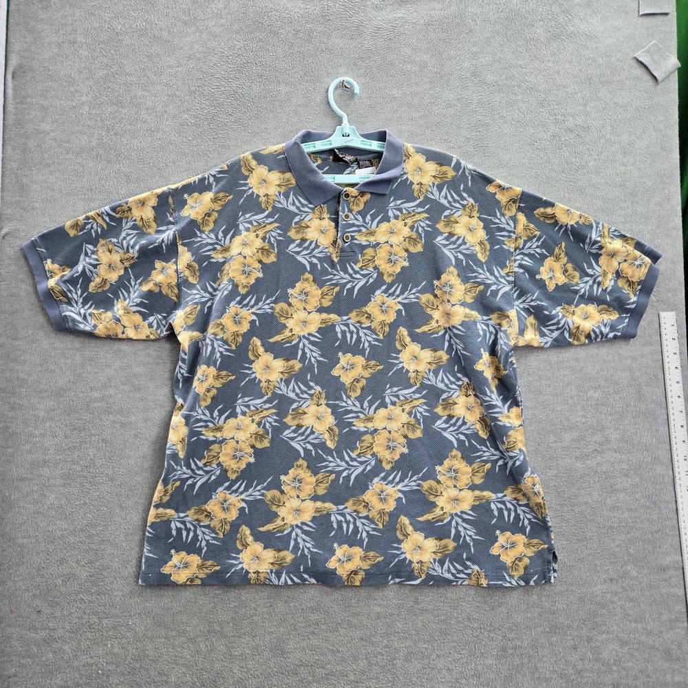VINTAGE OP Men‎ Polo XXL Blue Floral Button Short Sleeve